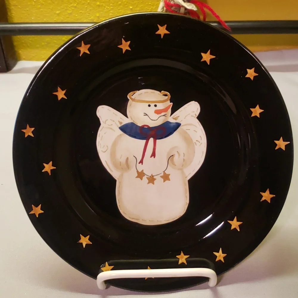 Vtg Set Of 4 Black Salad Dessert Plates Sonoma Snowman Angels